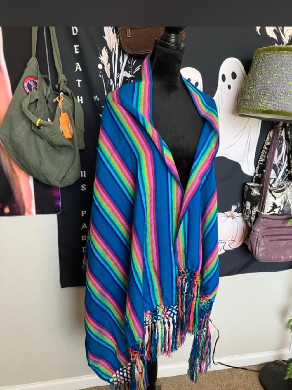 Vibrant Blue Rainbow Striped Shawl with Fringe